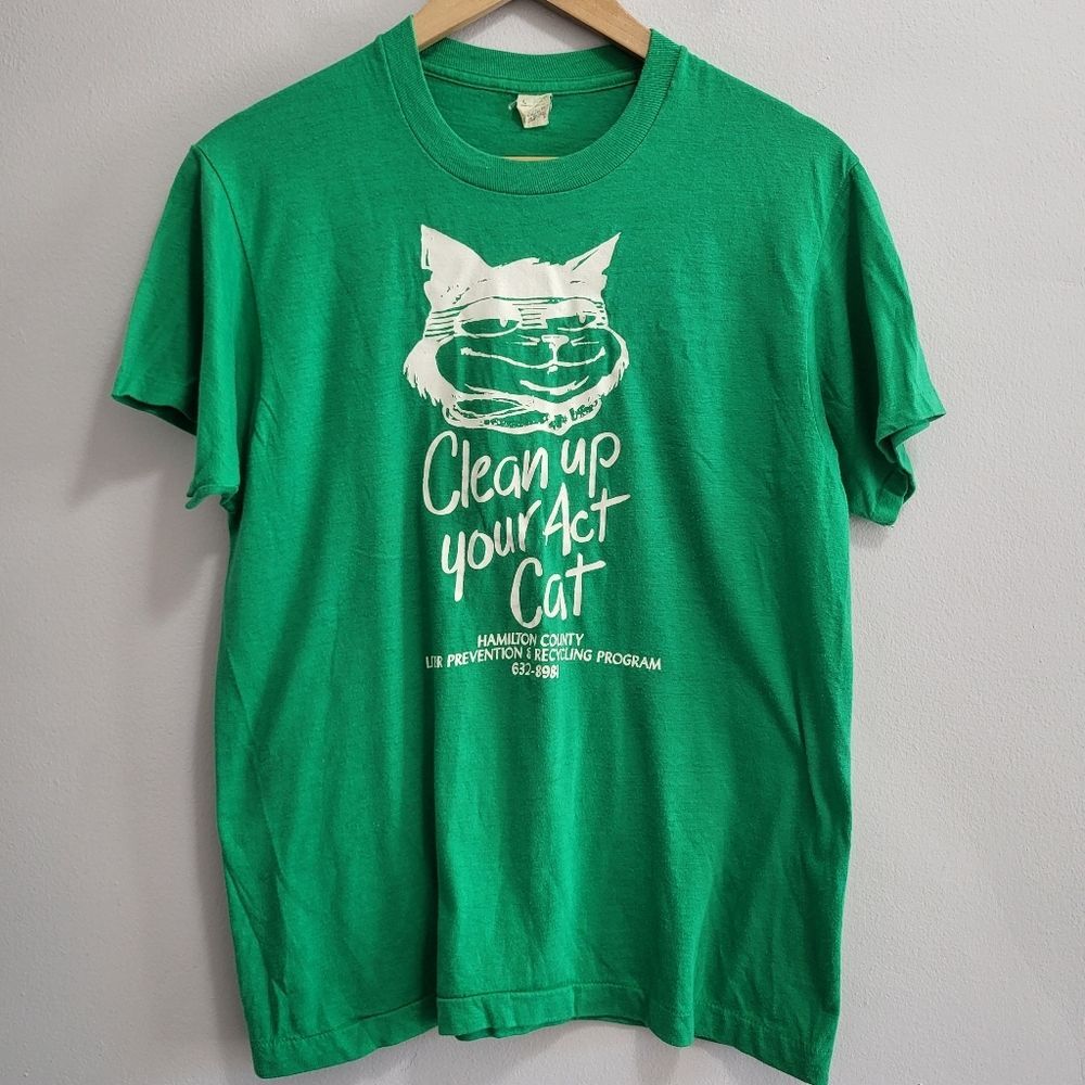 Vintage Cat Cincinnati Hamilton County Litter Prevention Recycling Tee Large